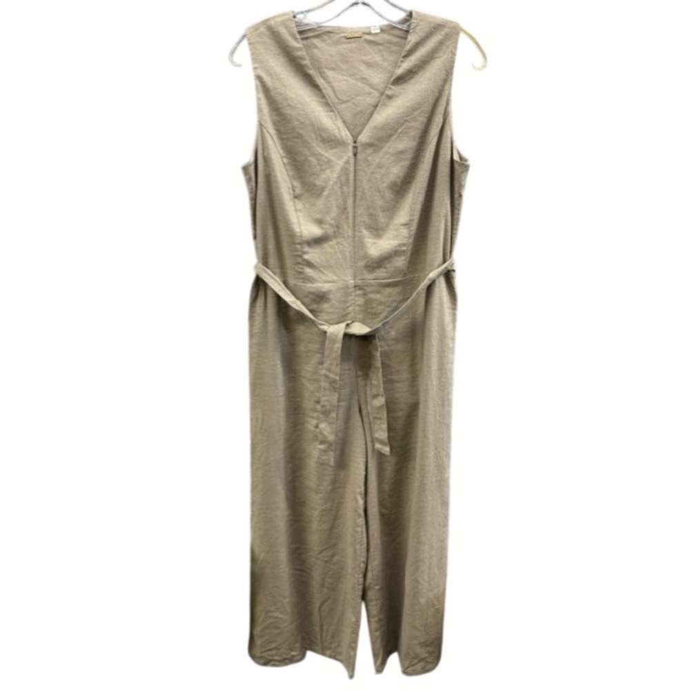 T Tahari Women Tan Khaki Linen Blend Zip Front Belted Wide Leg Jumpsuit Size 8
